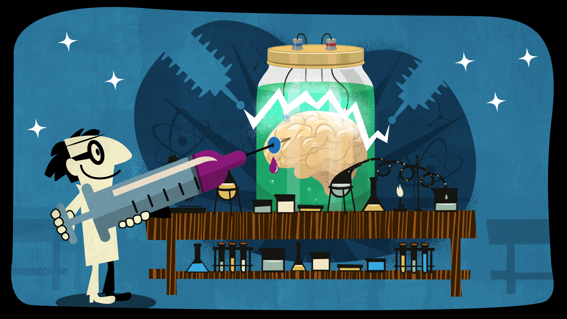Cartoons of mad scientist with a massive syringe aimed at a brain in a jar.