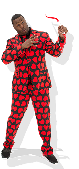 Man in heart suit with a bow and arrow