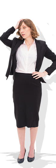 woman in business suit looking confused and stressed