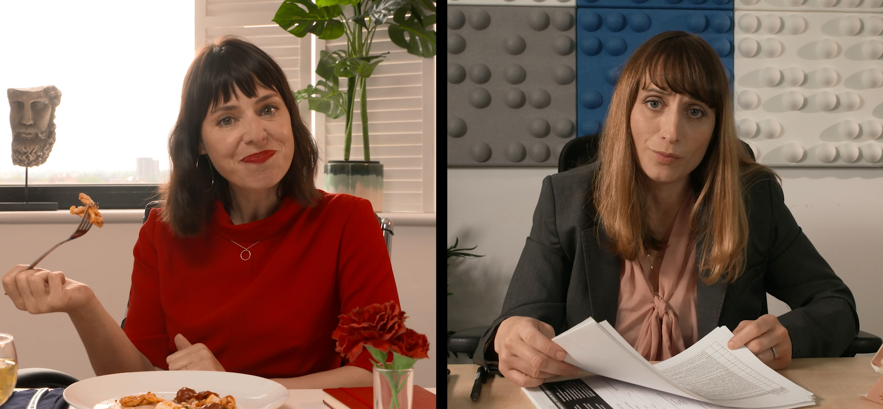 Woman wearing red on a zoom video call with another woman in a blazer